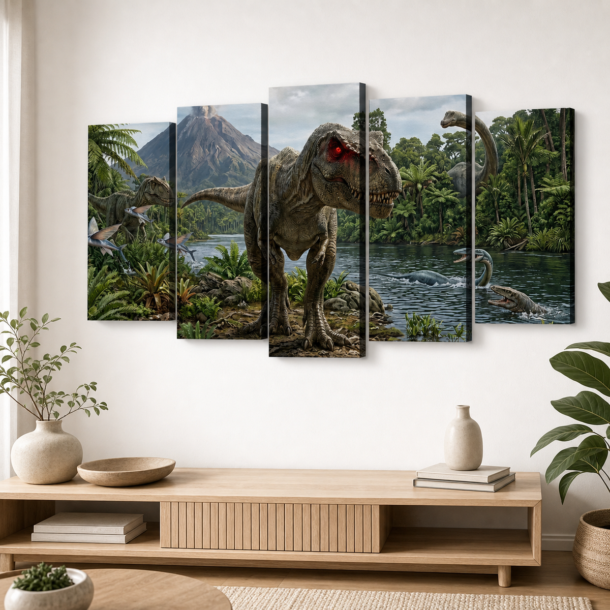 T-Rex & Carnivores Canvas Wall Art – Prehistoric Fury Dinosaur Print | 1, 3 & 5 Panel Kids & Game Room