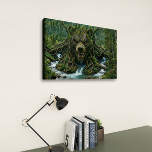 A rectangular wall art print showing a forest scene with a wolf-like creature emerging from a stream, displayed above a desk with a black lamp and books against a light beige wall.