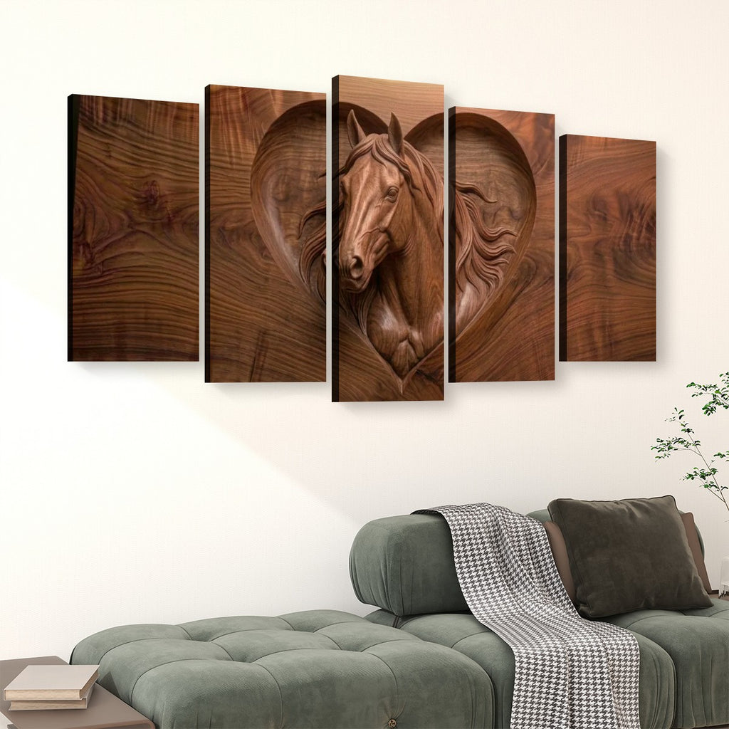 Wood Sculpture Horse Head with Heart 5-Panel Canvas Wall Art