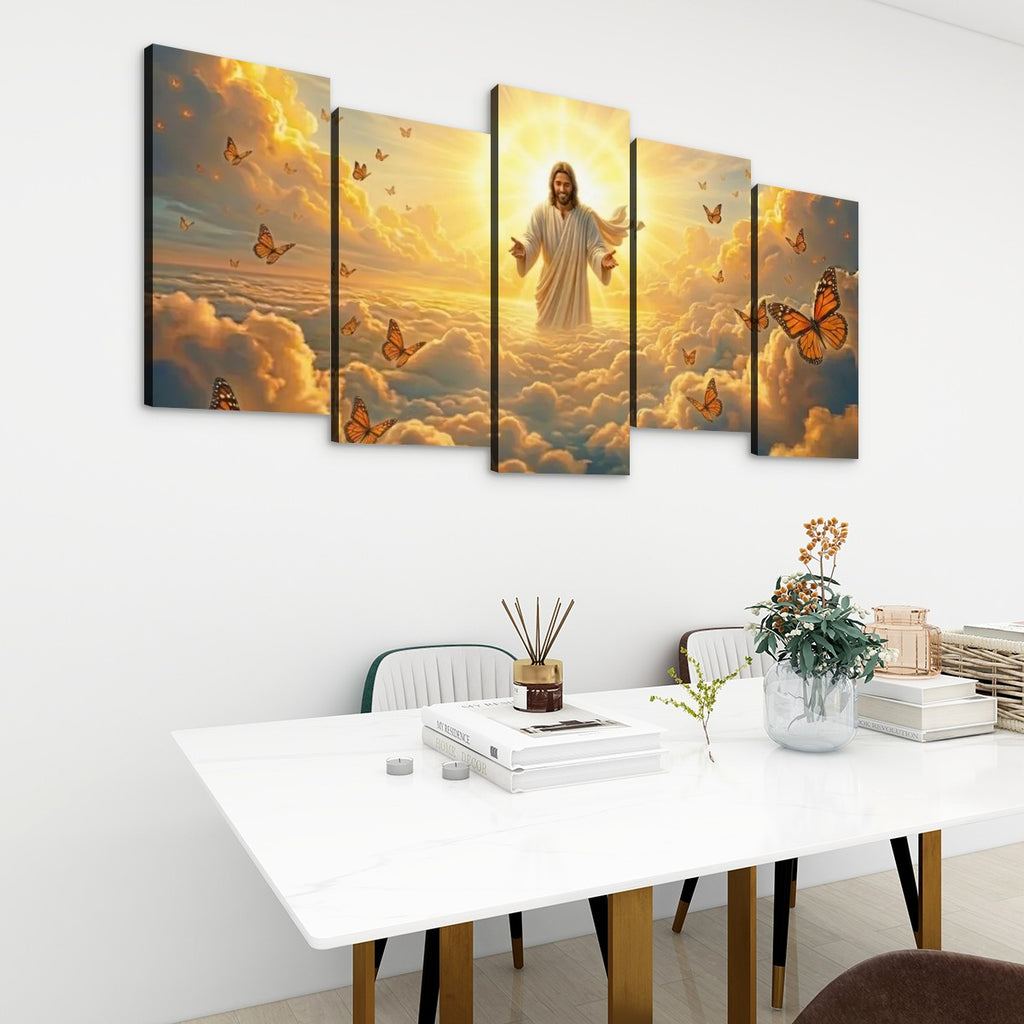 God Releasing Butterflies Canvas Wall Art – Divine Grace at Sunrise | 1, 3 & 5 Panel Faith Print