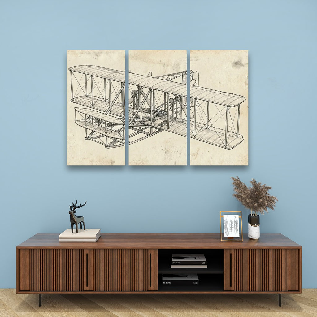 Wright Brothers First Flight Canvas Wall Art – Aviation History Sketch Print | 5-Panel Level