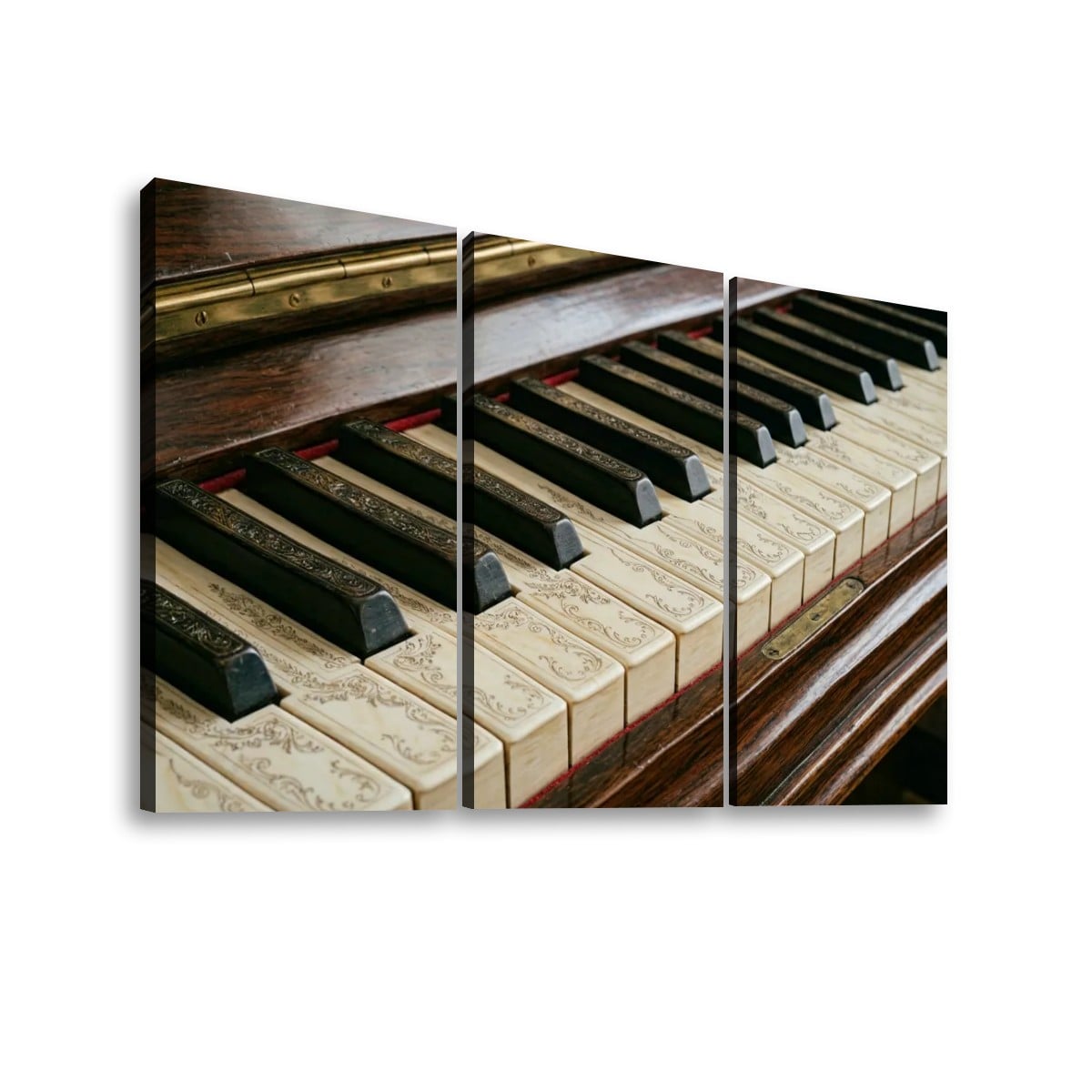 A three-panel canvas wall art print depicting a close-up of an antique piano keyboard, shown against a plain white background.