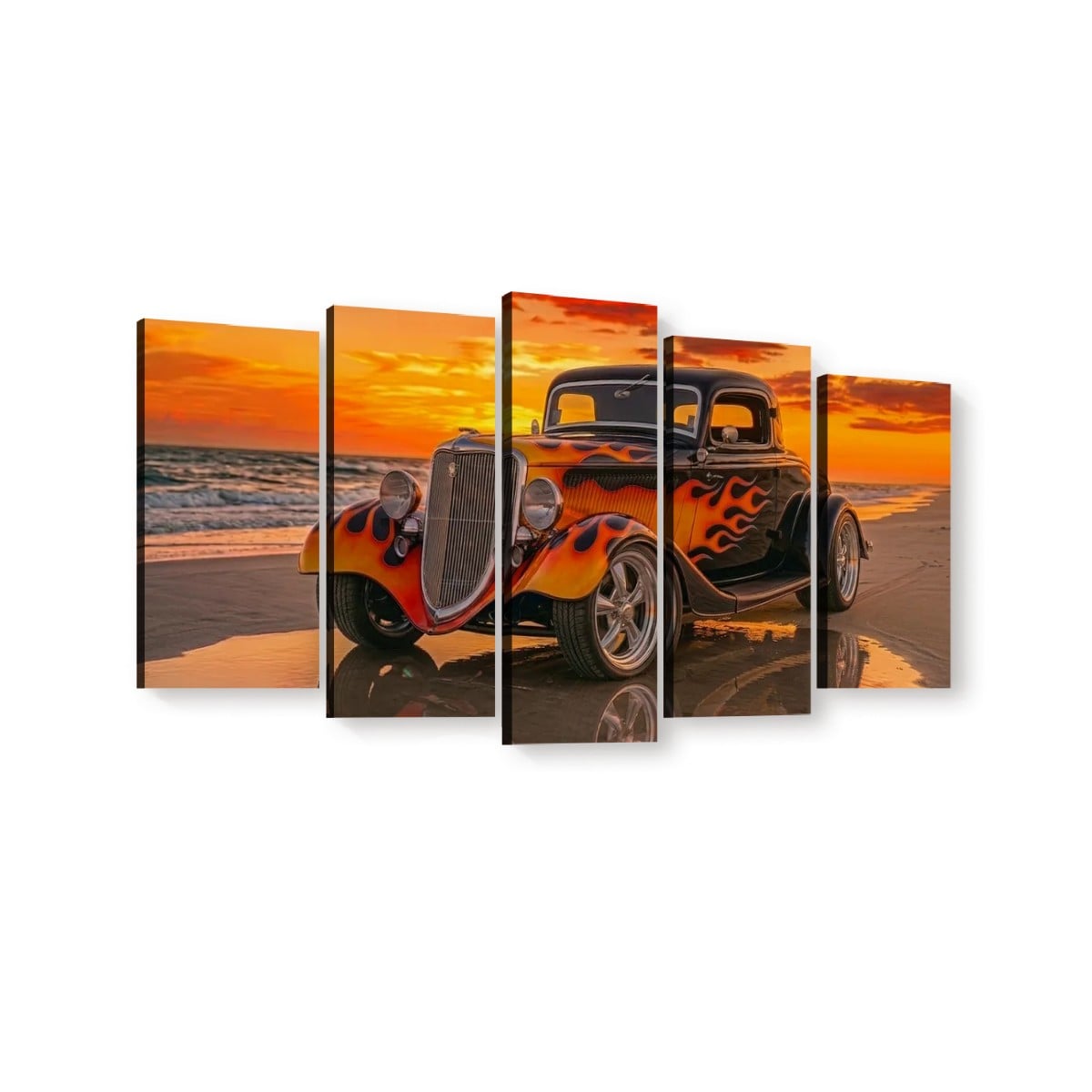 Black Ford Coupe with Flames Sunset Beach Canvas Wall Art