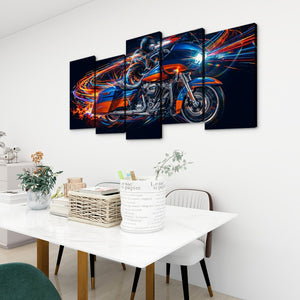 A 5-panel canvas wall art set depicting a vibrant, stylized Road Glide type motorcycle racer in motion with neon blue, orange, and red light trails on a black background, displayed on a white wall above a dining table.