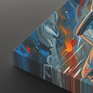 A close-up of a square canvas print showing an abstract fluid art design with swirling blue, white, orange, and red paint, photographed on a dark gray background.