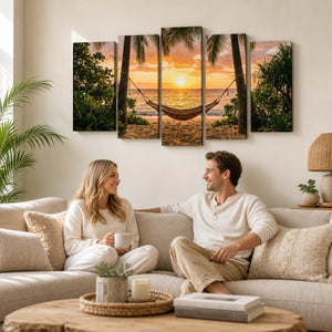 Hammock & Palm Trees Sunset Canvas Wall Art – Drift Into Sunset | 5-Panel Level Coastal Beach Print