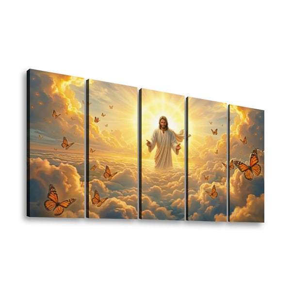 God Releasing Butterflies Canvas Wall Art – Divine Grace at Sunrise | 1, 3 & 5 Panel Faith Print