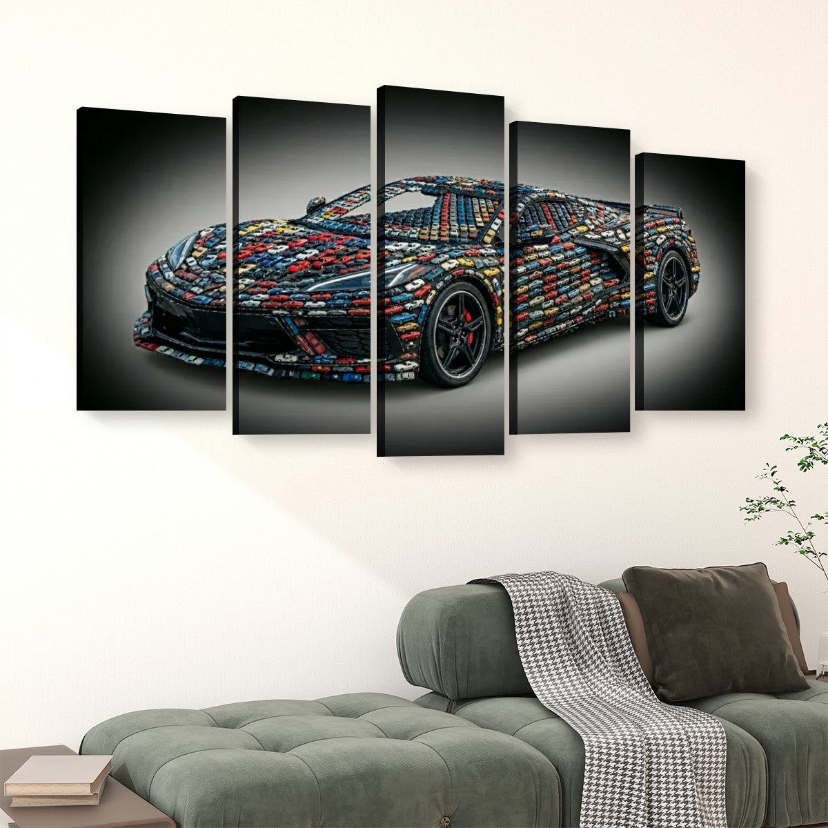 A five-panel canvas wall art set depicting a sports car covered in colorful mosaic tiles, displayed above a green sofa in a modern living room setting.