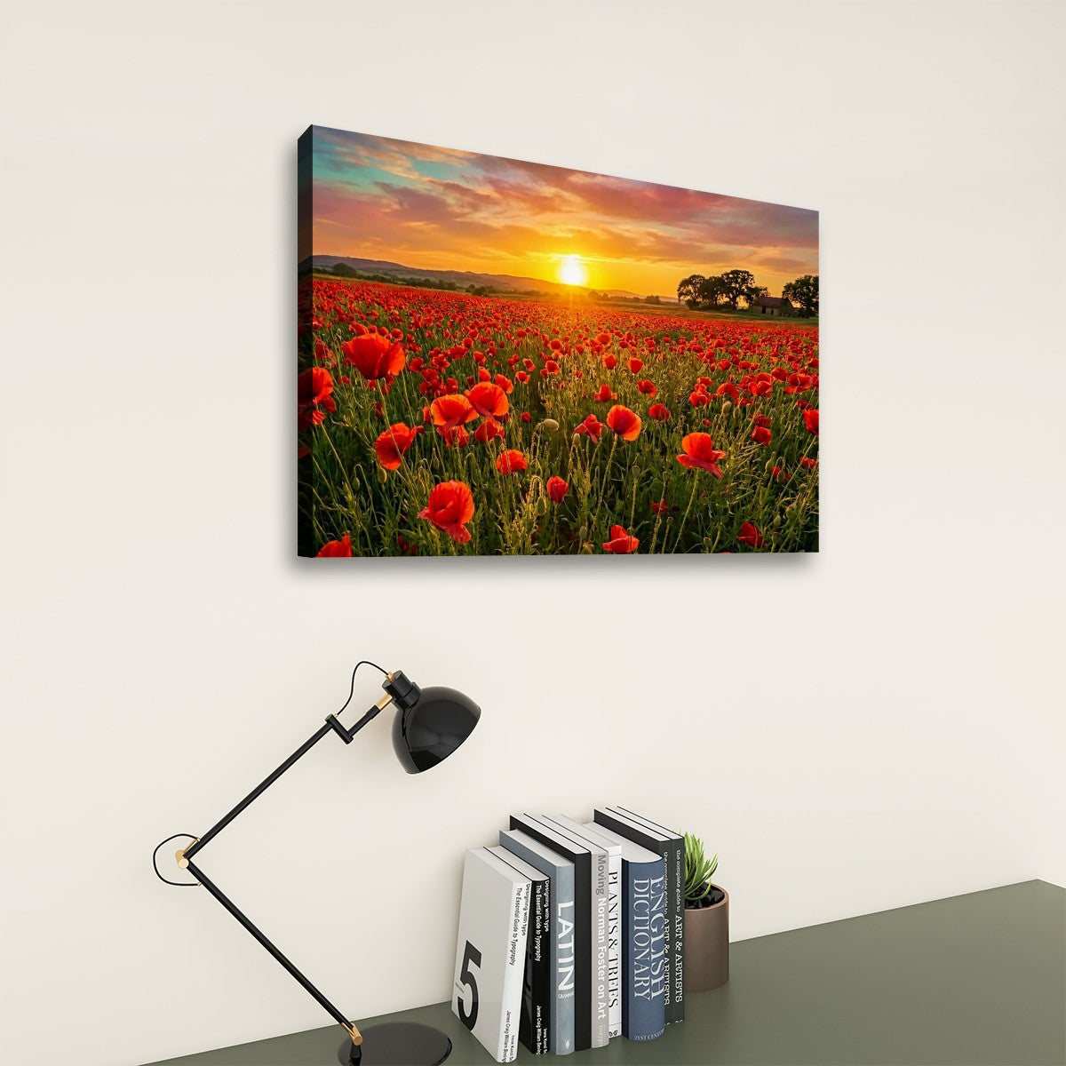 Golden Hour Poppy Field Canvas Wall Art – Fields of Fire | 5-Panel Level Nature Landscape Print