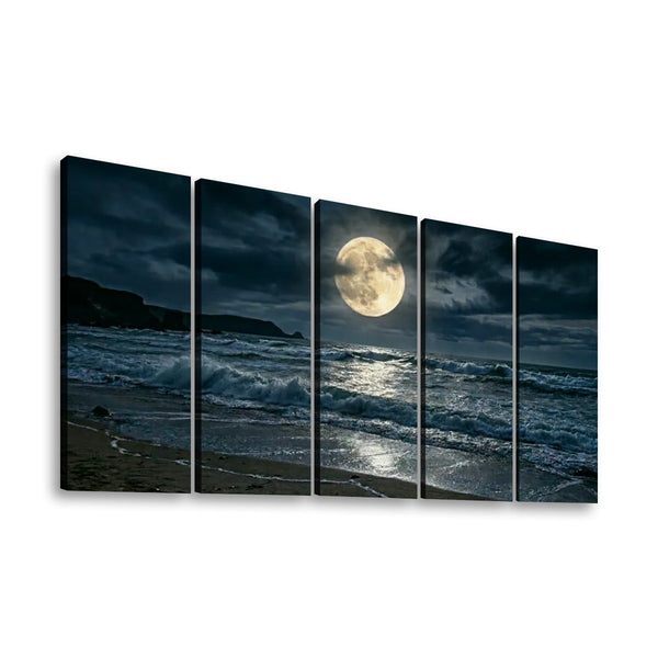 Gulf Moon Reflection Canvas Wall Art – Moonlit Beach Night Scene | 1, 3 & 5 Panel Coastal Print