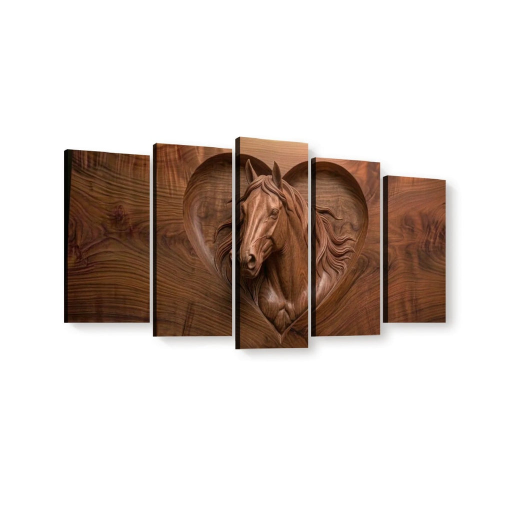 Wood Sculpture Horse Head with Heart 5-Panel Canvas Wall Art