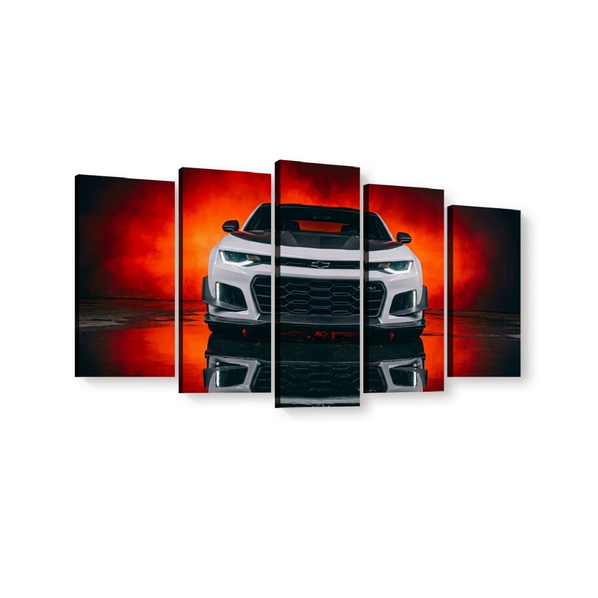 A 5-panel canvas wall art print featuring a white Camaro  sports car centered against a dramatic red and orange smoky background, shown on a plain white wall.
