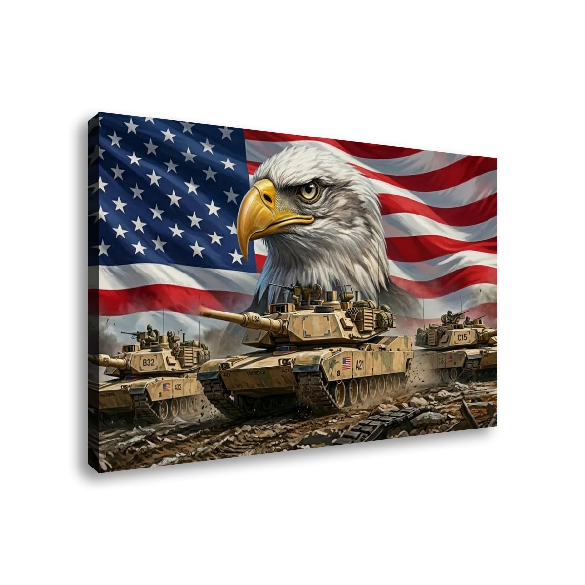 US American Flag Bald Eagle Army Tanks Military Split Canvas Panel Wall Art 1, 3, 5 Panel