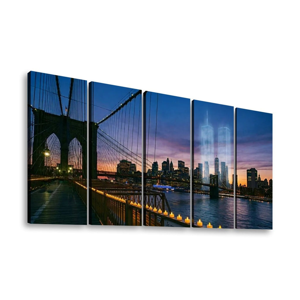 A five-panel canvas wall art set depicting the Brooklyn Bridge at dusk over the New York City skyline, with the Two Towers visible in the background. The panels are shown as a 3D mockup against a plain white background.