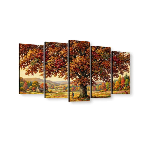 Five-panel canvas wall art depicting a scenic autumn landscape with a large tree, colorful foliage, rolling hills, and distant mountains, shown against a plain white background.