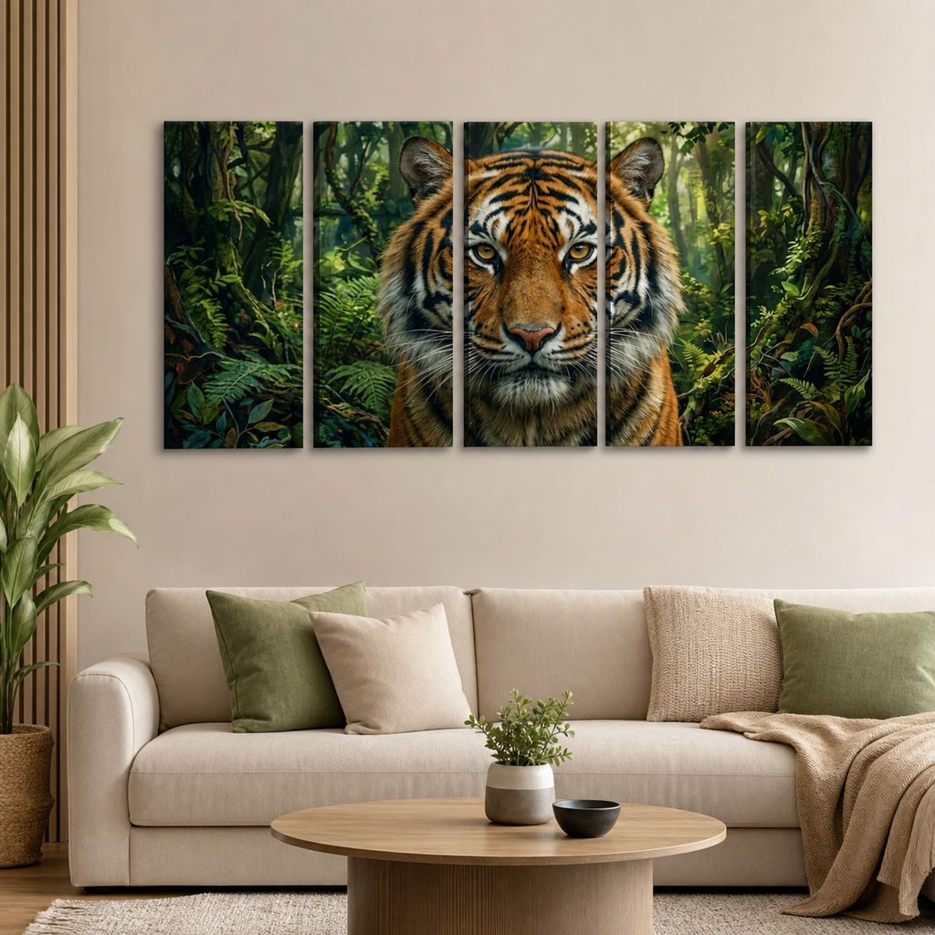 A five-panel canvas wall art set depicting a close-up tiger in a lush green forest, displayed above a beige sofa in a modern living room setting.