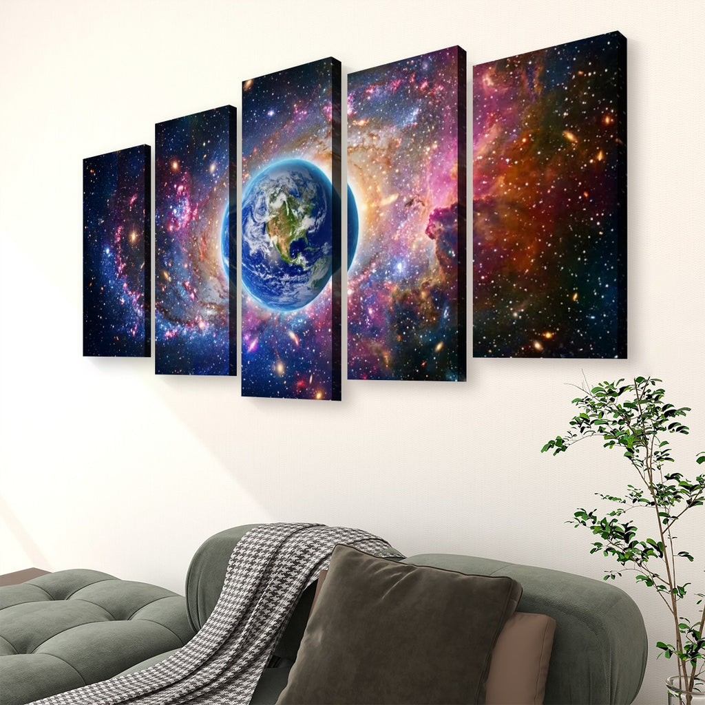 Cosmic Sovereignty Canvas Wall Art – Earth & USA Universe Patriotic Space Print | 5-Panel Level