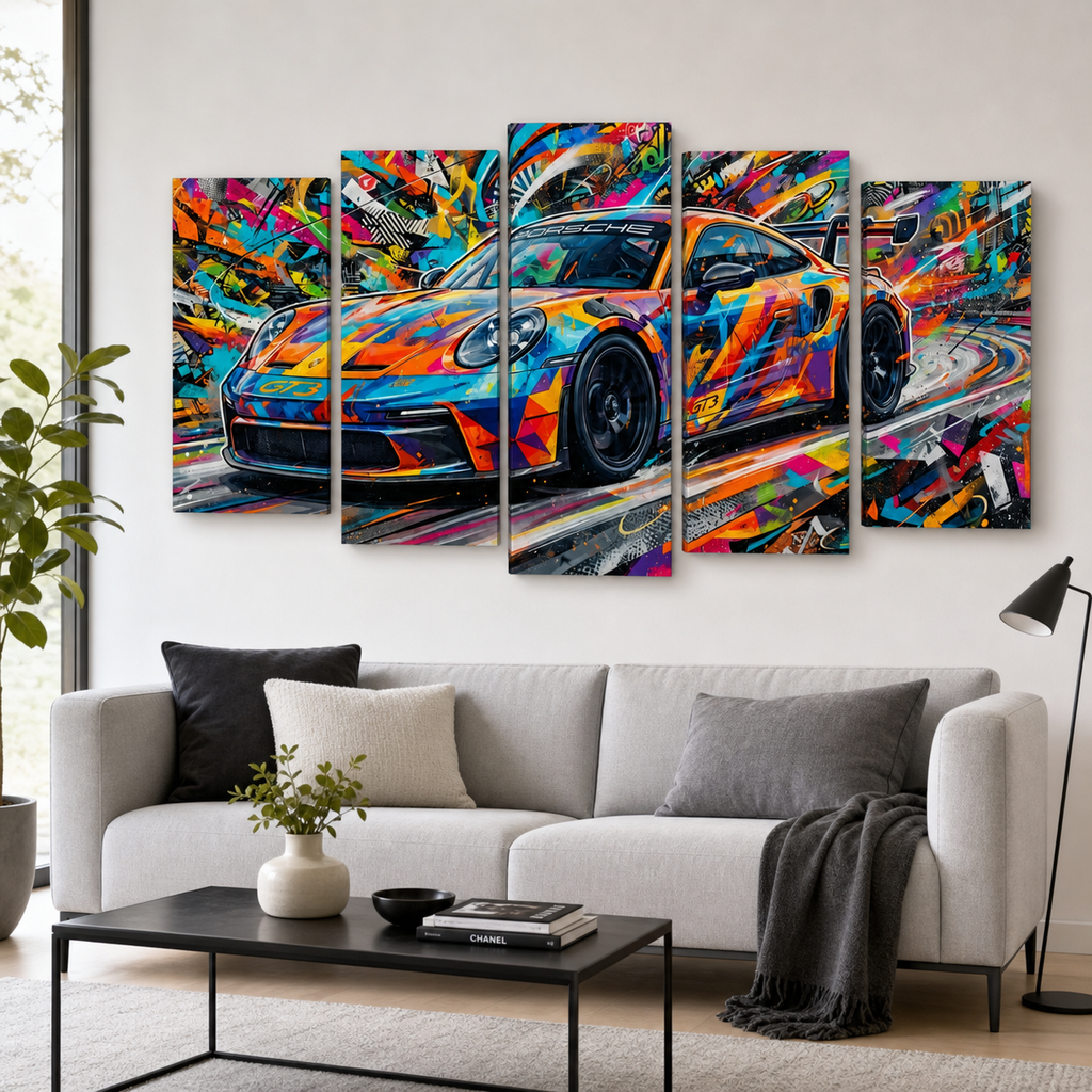 A 5-panel canvas wall art set depicting a colorful, abstract sports car, displayed in a modern living room setting above a light gray sofa.