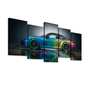 A 5-panel canvas wall art set depicting a sports car with a vibrant iridescent blue, green, and pink metallic finish on a dark reflective surface, shown against a plain white background.