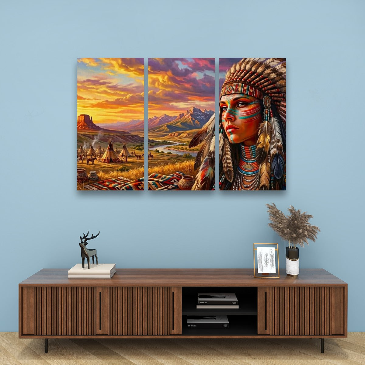 Native American Woman at Sunset | 1, 3, 5 Panel Canvas Wall Art