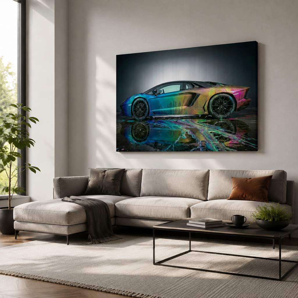 A large rectangular wall art print showing a colorful sports car with a rainbow gradient and reflective water effect, displayed above a light gray sectional sofa in a modern living room.