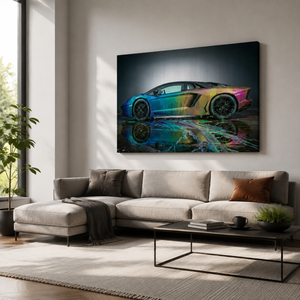 A large rectangular wall art print showing a colorful sports car with a rainbow gradient and reflective water effect, displayed above a light gray sectional sofa in a modern living room.