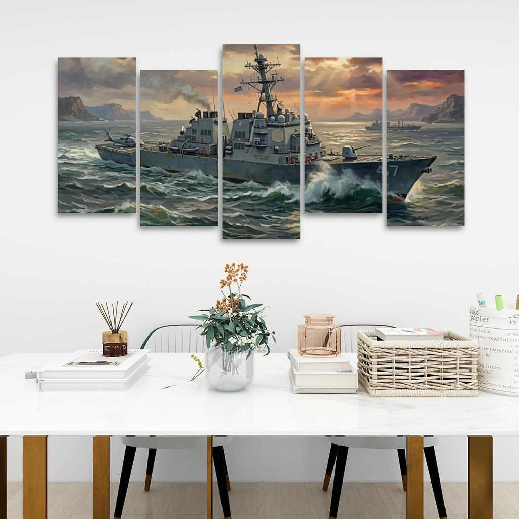 Warship Battling Rough Seas Canvas Wall Art – Storm Fury | 5-Panel  Military Naval Print