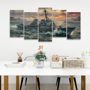Storm Fury – Warship Battling Rough Seas 5-Panel Canvas Wall Art