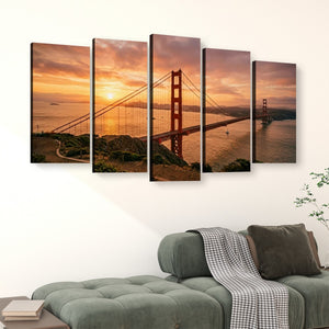 Golden Gate at Golden Hour – 5-Panel Canvas Wall Art