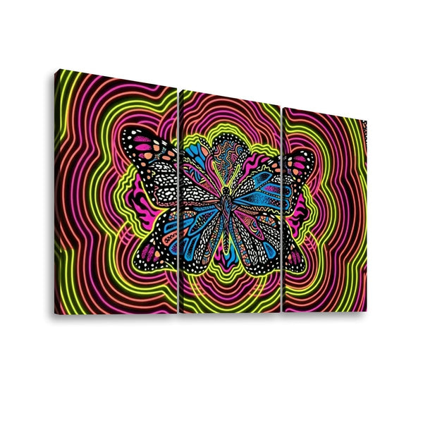 Neon Wings Psychedelic Butterfly Canvas Wall Art – Vibrant Abstract Print | 1, 3 & 5 Panel