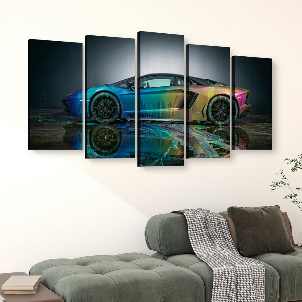 A five-panel canvas wall art set depicting a colorful Lamborghini Aventador sports car with a reflective water effect, displayed above a green sofa in a modern living room setting.