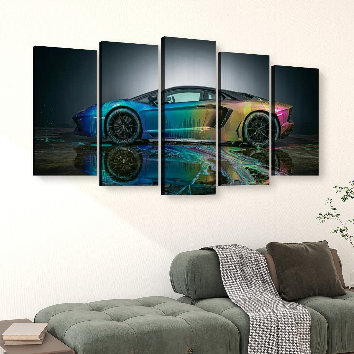 A five-panel canvas wall art set depicting a colorful Lamborghini Aventador sports car with a reflective water effect, displayed above a green sofa in a modern living room setting.