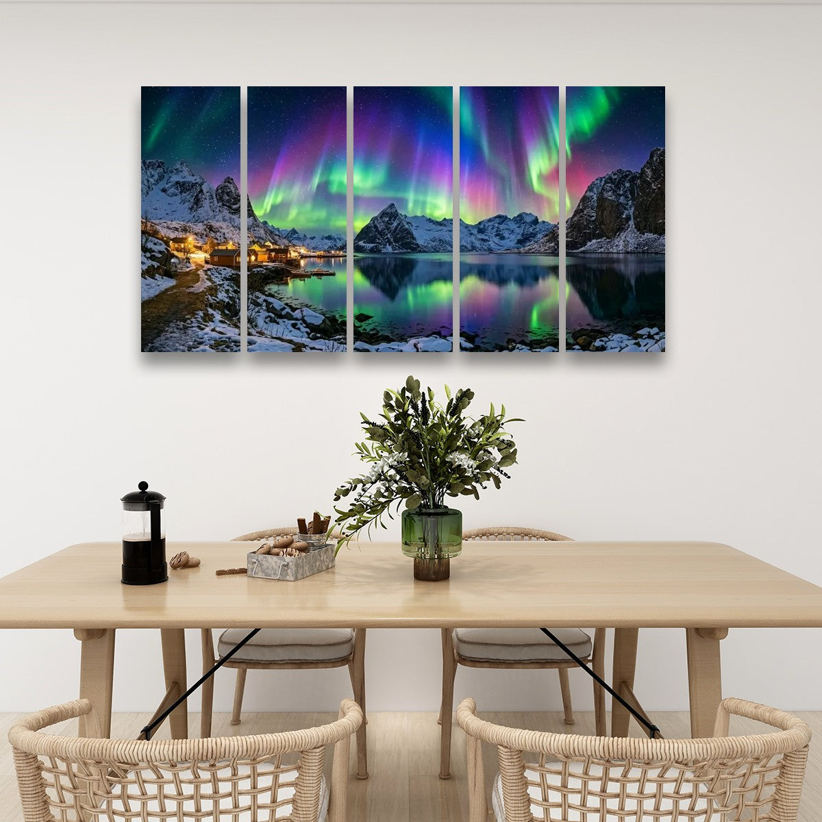 Northern Lights Over the City — 5 Panel Level Canvas Wall Art