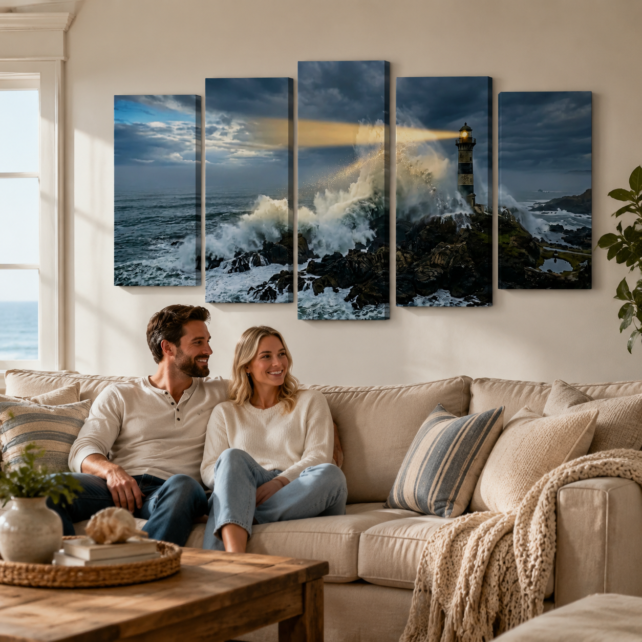 Stormy Lighthouse Canvas Wall Art – Dramatic Coastal Storm Scene | 1, 3 & 5 Panel Home Décor Print
