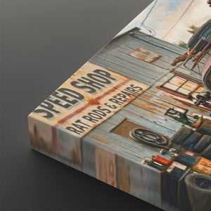 A rectangular canvas print showing a vintage-style speed shop scene with the text 'SPEED SHOP RAT RODS & REPAIRS,' photographed at an angle on a dark gray background.