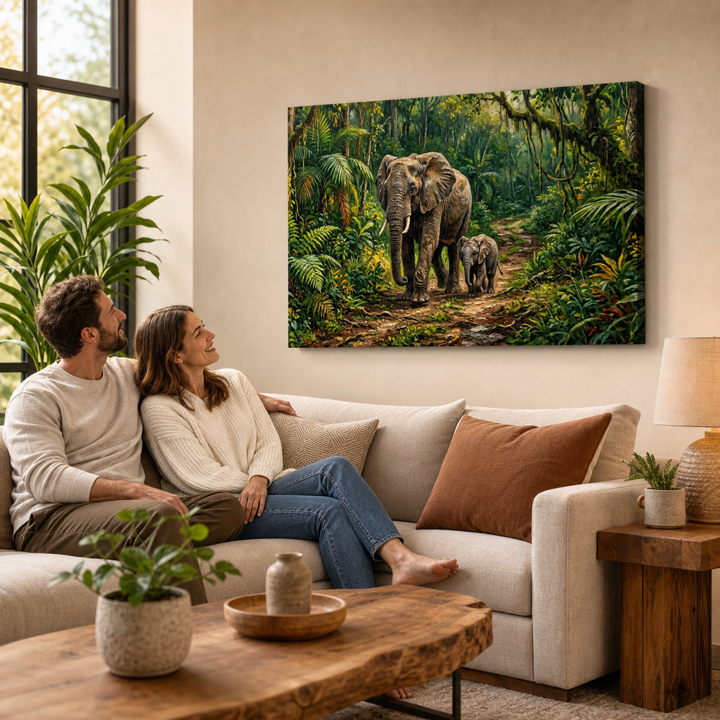 Elephant & Calf Jungle Canvas Wall Art | 1, 3 & 5-Panel Multi-Panel Print | Wildlife Nature Wall Décor | Gallery-Wrapped