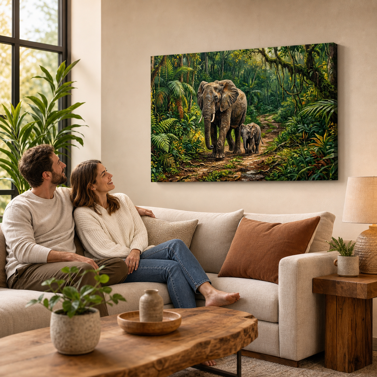Elephant & Calf Jungle Canvas Wall Art | 1, 3 & 5-Panel Multi-Panel Print | Wildlife Nature Wall Décor | Gallery-Wrapped