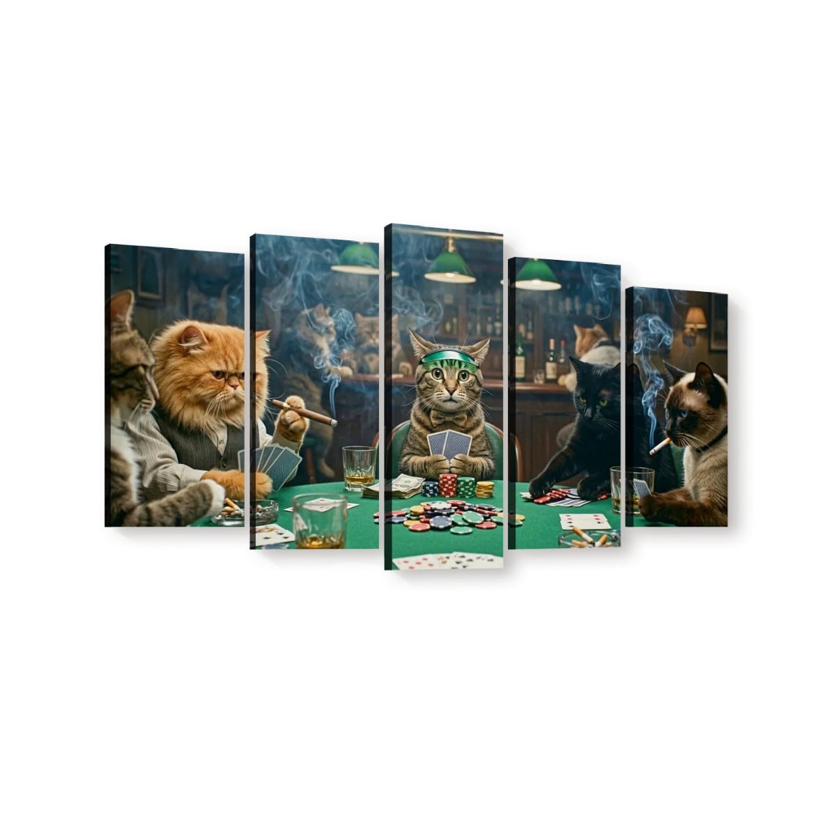A 5-panel canvas wall art set depicting anthropomorphic cats playing poker in a dimly lit casino. The panels are arranged in a row against a plain white background.
