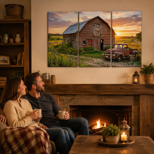 Ford F1 Pickup at Golden Hour — Rustic Bar & Sunset Canvas Wall Art