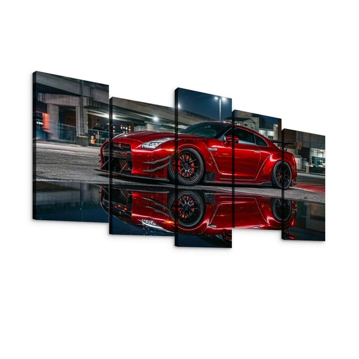 A 5-panel canvas wall art set depicting a red  Nissan GTR R35 sports car on a wet street at night with its reflection below, shown against a plain white background.