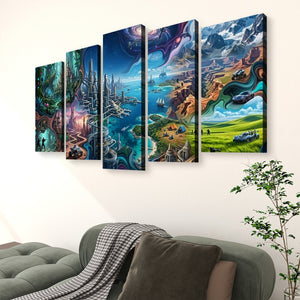 A five-panel canvas wall art set depicting a fantastical, colorful landscape with glowing cities, flowing rivers, mountains, and green fields, displayed above a sofa in a living room setting.