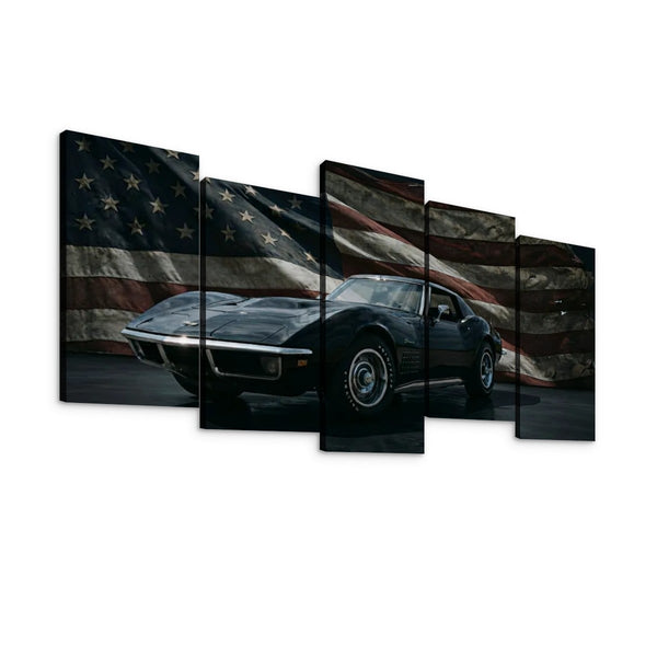 A five-panel canvas wall art set showing a black 1972 Corvette sports car in front of a large American flag, displayed against a plain white background.