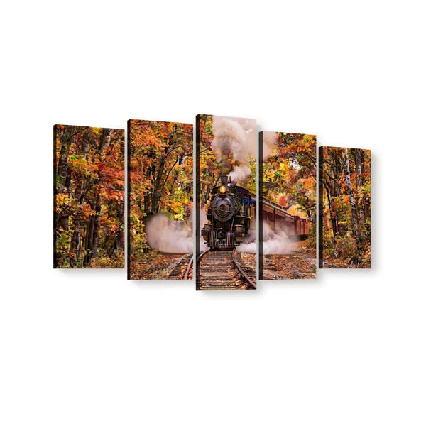 A five-panel canvas wall art set depicting a black steam locomotive train traveling through an autumn forest with colorful fall foliage and white steam, shown against a plain white background.