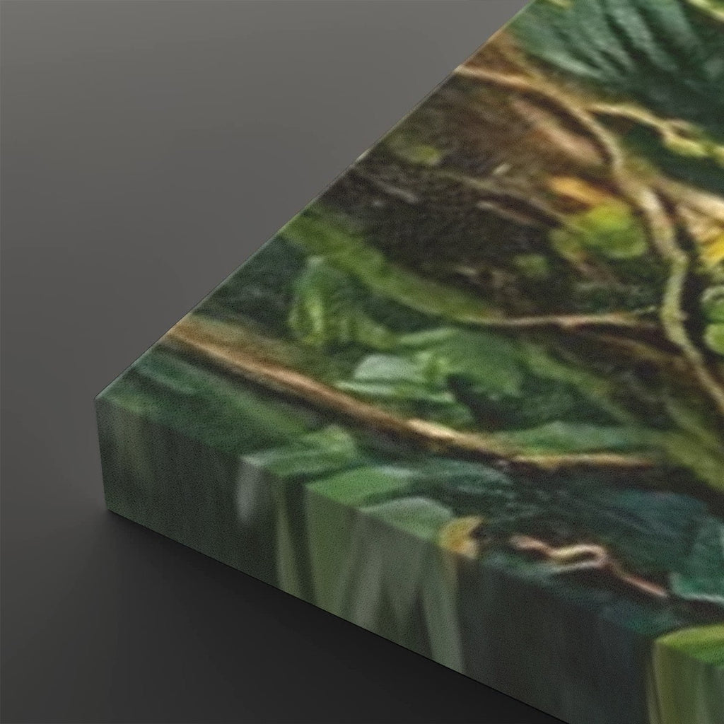 A close-up of a rectangular canvas or print showing a detailed nature scene with green foliage, brown branches, and dark water, photographed against a dark gray background.