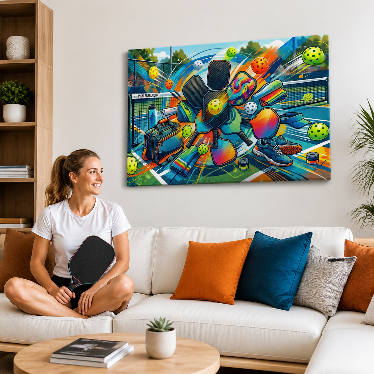 A woman sits on a white sectional sofa holding a paddle, with a colorful wall art print depicting a dynamic pickleball scene displayed above her. The print features vibrant, abstract sports elements including balls, paddles, and a net on a court.