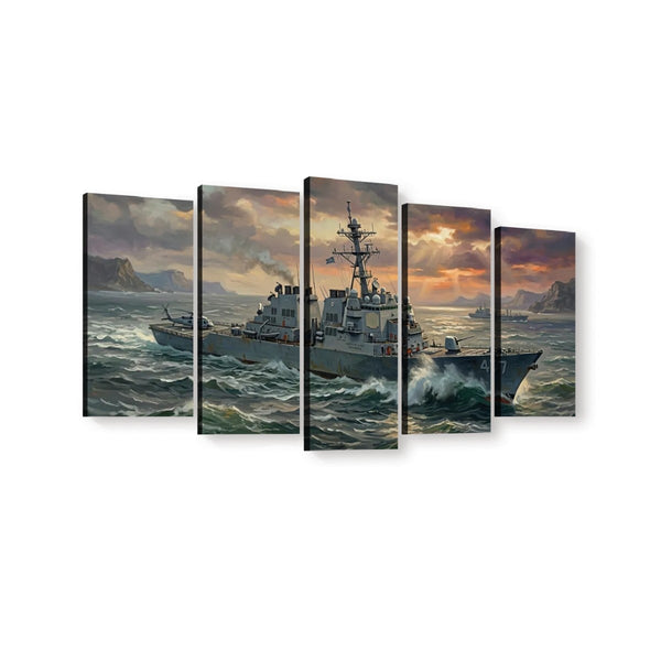 Warship Battling Rough Seas Canvas Wall Art – Storm Fury | 5-Panel  Military Naval Print