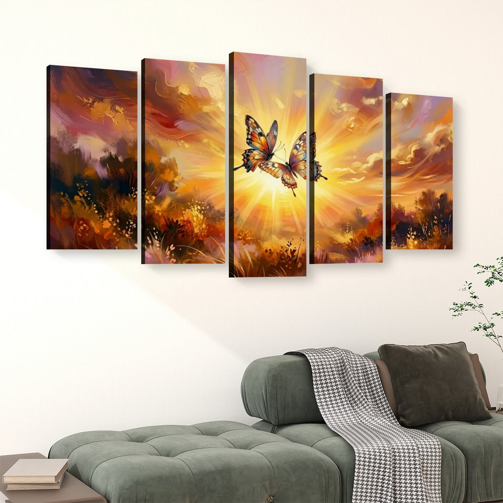 Golden Hour Butterflies Canvas Wall Art – Warm & Ethereal Abstract Print | 1, 3 & 5 Panel
