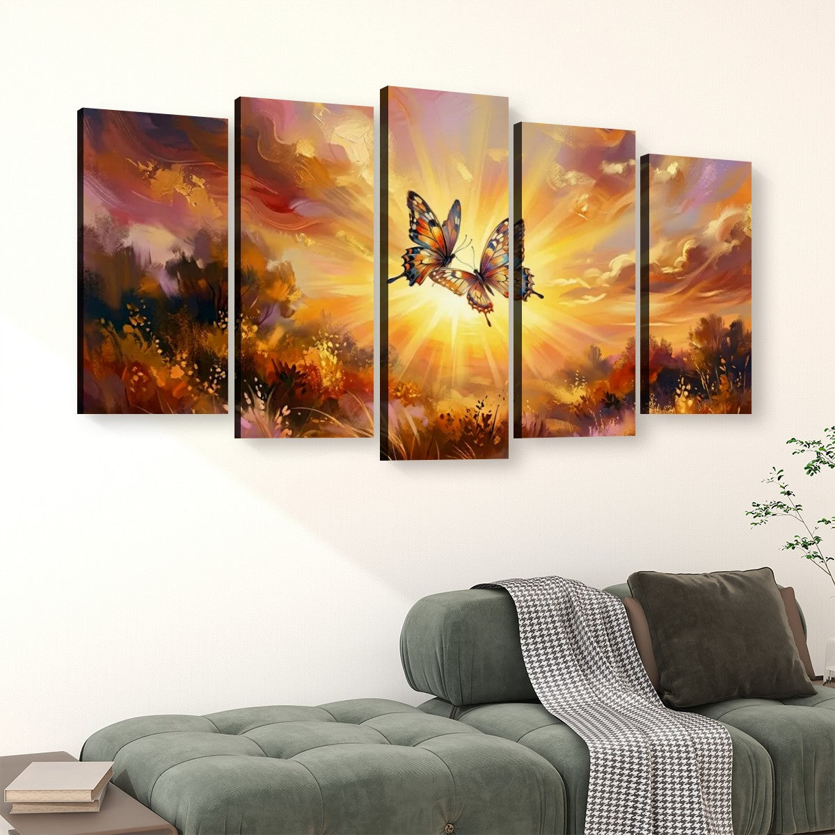 Golden Hour Butterflies Canvas Wall Art – Warm & Ethereal Abstract Print | 1, 3 & 5 Panel