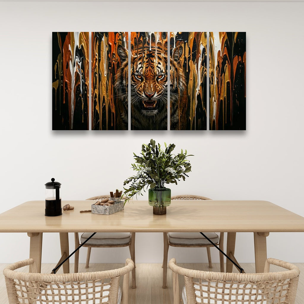 Tiger Bursting Through Dripping Paint Canvas Wall Art – Unleashed | Multi-Panel Wildlife Print