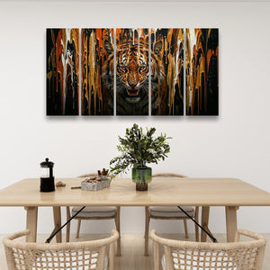 Unleashed – Tiger Bursting Through Dripping Paint 5-Panel Canvas Wall Art